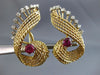 ANTIQUE LARGE 2.60CT DIAMOND & AAA RUBY 18K 2 TONE GOLD 3D LEAF CLIP ON EARRINGS