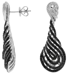 ESTATE 1.67CT WHITE & BLACK DIAMOND 14KT WHITE GOLD MULTI ROW TEAR DROP EARRINGS