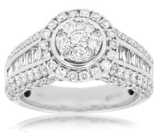 WIDE 1.96CT ROUND & BAGUETTE DIAMOND 14KT WHITE GOLD 3D CLUSTER ANNIVERSARY RING