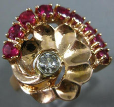 ANTIQUE LARGE 2.90CT DIAMOND & AAA RUBY 14KT ROSE GOLD 3D FLOWER RING #19927