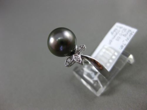 ESTATE LARGE .03CT DIAMOND 14KT WHITE GOLD TAHITIAN PEARL 3D LEAF SOLITAIRE RING