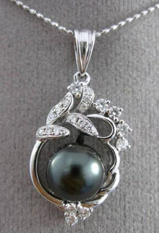 ANTIQUE .26CT DIAMOND & AAA TAHITIAN PEARL 18KT WHITE GOLD FLOATING PENDANT