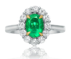ESTATE 1.80CT DIAMOND & AAA EMERALD 18K 2 TONE GOLD 3D OVAL HALO ENGAGEMENT RING