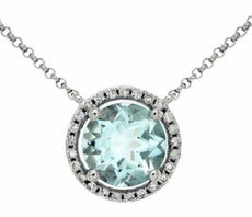 1.79CT DIAMOND & AAA AQUAMARINE 14KT WHITE GOLD 3D ROUND SOLITAIRE HALO PENDANT