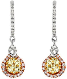 ESTATE .98CT WHITE FANCY YELLOW & PINK DIAMOND 14KT WHITE GOLD ROUND EARRINGS