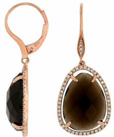 ESTATE 14.42CT DIAMOND & AAA SMOKY TOPAZ 14K ROSE GOLD TEAR DROP HALO EARRINGS