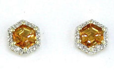 1.05CT DIAMOND & AAA CITRINE 14KT YELLOW GOLD 3D HEXAGON HALO STUD EARRINGS