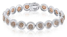 6.75CT WHITE & PINK DIAMOND 14KT WHITE GOLD ROUND CLUSTER HALO TENNIS BRACELET