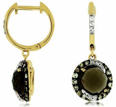 3.94CT WHITE & MOCHA DIAMOND & AAA SMOKY TOPAZ 14K YELLOW GOLD HANGING EARRINGS