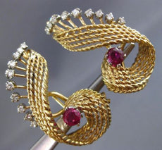 ANTIQUE LARGE 2.60CT DIAMOND & AAA RUBY 18K 2 TONE GOLD 3D LEAF CLIP ON EARRINGS