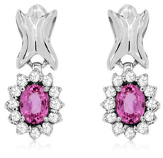 ESTATE 1.22CT DIAMOND & AAA PINK SAPPHIRE 14KT WHITE GOLD FLOWER HALO EARRINGS