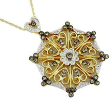 1.08CT WHITE & MOCHA DIAMOND 14K YELLOW GOLD FILIGREE MULTI HEART FLOWER PENDANT