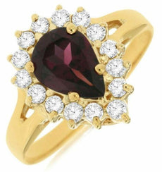 1.70CT DIAMOND & AAA RHODOLITE 14KT YELLOW GOLD PEAR SHAPE HALO ENGAGEMENT RING