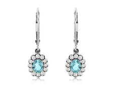 ESTATE .93CT DIAMOND & AAA AQUAMARINE 14KT WHITE GOLD 3D FLOWER HANGING EARRINGS