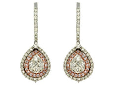 ESTATE 1.46CT WHITE & PINK DIAMOND 14KT TWO TONE GOLD 3D FLOWER HANGING EARRINGS
