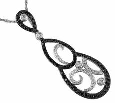 .55CT WHITE & BLACK DIAMOND 14KT WHITE GOLD 3D OPEN FILIGREE TEAR DROP PENDANT