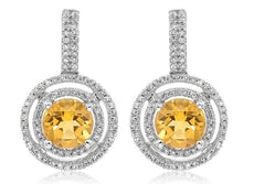 1.87CT DIAMOND & AAA CITRINE 14KT WHITE GOLD ROUND DOUBLE HALO HANGING EARRINGS