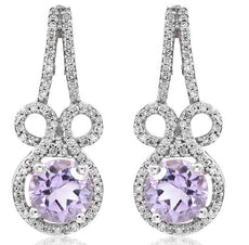 2CT DIAMOND & AAA PINK AMETHYST 14KT WHITE GOLD ROUND BOW SHAPE HANGING EARRINGS