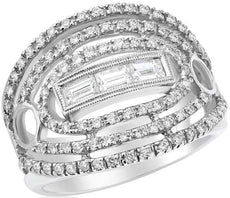 LARGE .96CT DIAMOND 18KT WHITE GOLD ROUND & BAGUETTE MULTI ROW ANNIVERSARY RING