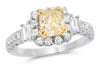1.85CT WHITE & FANCY YELLOW DIAMOND 18KT 2 TONE GOLD 3D CUSHION ENGAGEMENT RING