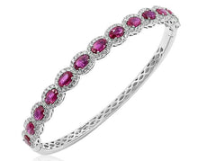 5.14CT DIAMOND & AAA RUBY 18KT WHITE GOLD 3D ROUND & OVAL HALO BANGLE BRACELET