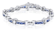 6.57CT BAGUETTE DIAMOND & AAA PRINCESS SAPPHIRE 14KT WHITE GOLD TENNIS BRACELET