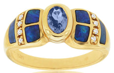 .58CT DIAMOND & AAA TANZANITE & OPAL 14K YELLOW GOLD OVAL & ROUND BEZEL FUN RING