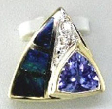.66CT DIAMOND & AAA TANZANITE & AAA OPAL 14KT YELLOW GOLD 3D TRIANGULAR PENDANT