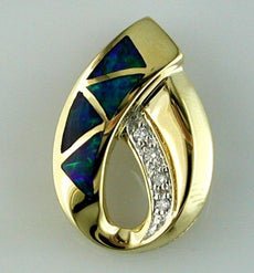 ESTATE .04CT DIAMOND & AAA OPAL 14KT YELLOW GOLD 3D TEAR DROP FLOATING PENDANT