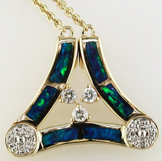 ESTATE .17CT DIAMOND & AAA OPAL 14KT YELLOW GOLD 3D TRIANGULAR FUN NECKLACE