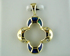 ESTATE .06CT DIAMOND & AAA OPAL 14KT YELLOW GOLD 3D LEAF CLOVER FLOWER PENDANT
