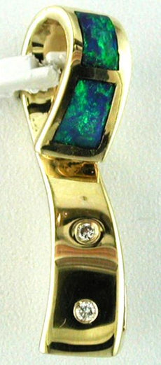 ESTATE .02CT DIAMOND & AAA OPAL 14KT YELLOW GOLD 3D ETOILE SWIRL BAR FUN PENDANT