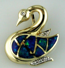 ESTATE .04CT DIAMOND & AAA OPAL 14KT YELLOW GOLD HAPPY DUCK FUN FLOATING PENDANT
