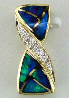 ESTATE .08CT DIAMOND & AAA OPAL 14KT YELLOW GOLD 3D INFINITY BOW FUN PENDANT