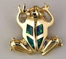 ESTATE .02CT DIAMOND & AAA OPAL 14KT YELLOW GOLD 3D HAPPY FROG FUN PENDANT