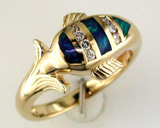 ESTATE .12CT DIAMOND & AAA OPAL 14KT YELLOW GOLD 3D HAPPY DOLPHIN FUN RING