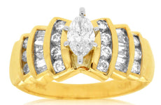 1CT DIAMOND 14K YELLOW GOLD 3D MARQUISE ROUND & BAGUETTE CLASSIC ENGAGEMENT RING