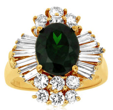 4.12CT DIAMOND & AAA GREEN GARNET 14KT YELLOW GOLD OVAL FLOWER ENGAGEMENT RING