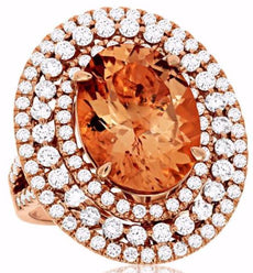 ESTATE LARGE 10.50CT DIAMOND & AAA MORGANITE 14K ROSE GOLD TRIPLE OVAL HALO RING