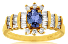 1.4CT DIAMOND & AAA TANZANITE 14K YELLOW GOLD 3D OVAL ROUND & BAGUETTE LOVE RING