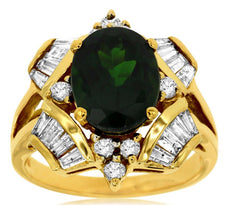 2.90CT DIAMOND & AAA GREEN GARNET 14KT YELLOW GOLD 3D OVAL ROUND & BAGUETTE RING