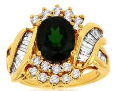 4CT DIAMOND & AAA GREEN GARNET 14K YELLOW GOLD OVAL ROUND & BAGUETTE FLOWER RING