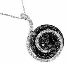 1.03CT WHITE & BLACK DIAMOND 14KT WHITE GOLD 3D CIRCULAR PAVE SWIRL PENDANT