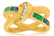 ESTATE .10CT DIAMOND & AAA OPAL 14KT YELLOW GOLD 3D CRISS CROSS MOON FUN RING