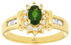 0.70CT DIAMOND & AAA RUSSALITE 14KT YELLOW GOLD OVAL ROUND & BAGUETTE FLOWER RING
