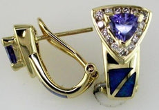 1.43CT DIAMOND & AAA TANZANITE & OPAL 14KT YELLOW GOLD TRILLION HANGING EARRINGS