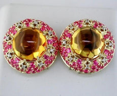 LARGE 15.91CT DIAMOND AAA PINK SAPPHIRE & CITRINE 14KT YELLOW GOLD STUD EARRINGS