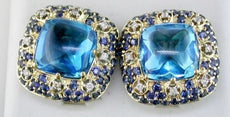 17.98CT DIAMOND & AAA BLUE TOPAZ & SAPPHIRE 14KT YELLOW GOLD 3D SQUARE EARRINGS