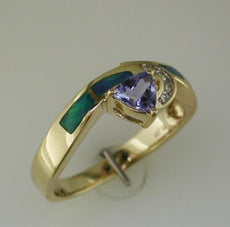 .45CT DIAMOND AAA TANZANITE & OPAL 14K YELLOW GOLD ROUND & TRILLION CUT FUN RING