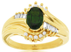 1.2CT DIAMOND & AAA RUSSALITE 14KT YELLOW GOLD OVAL ROUND & BAGUETTE SWIRL RING